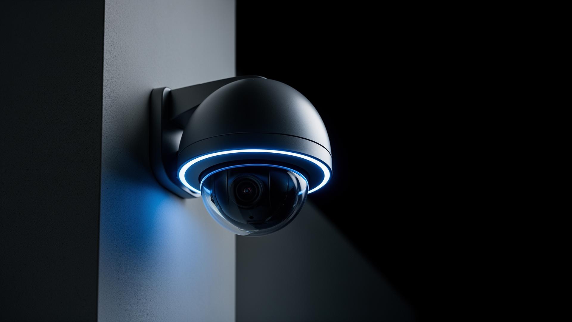 Modern security camera with blue accent lighting